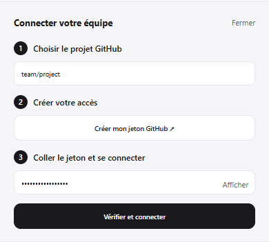 Réglages Commyweb : projet GitHub, jeton masqué et bouton Vérifier et connecter.