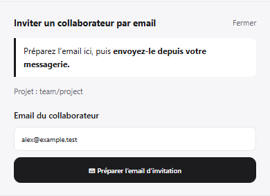 Invitation Commyweb : adresse email du collaborateur et bouton Préparer l’email d’invitation.